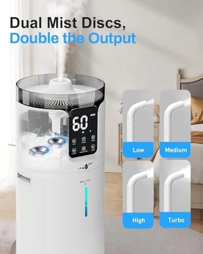 A humidity meter on a table reading a comfortable level beside the humidifier