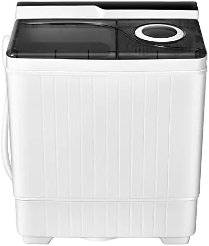 The grey COSTWAY twin tub washer with both tubs open on a bathroom floor