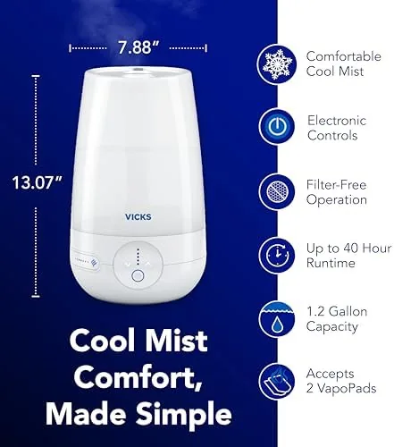 Fine cool mist rising from the top spout in a bedroom