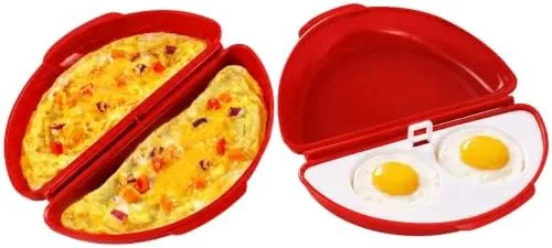 Microwave egg cooker set laid out with the base bowl, poacher insert, lid and measuring cup