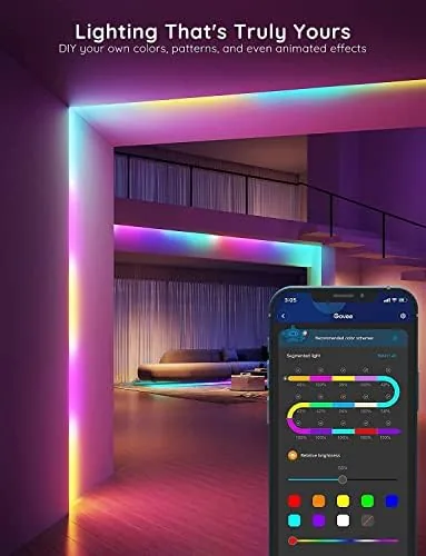 Govee RGBIC strip lighting a corner of a bedroom with two tone colors at night