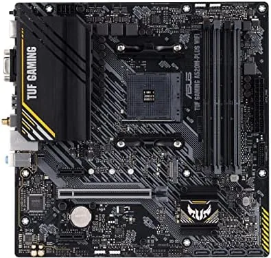 The ASUS TUF Gaming A520M-PLUS WiFi motherboard laid out on a desk