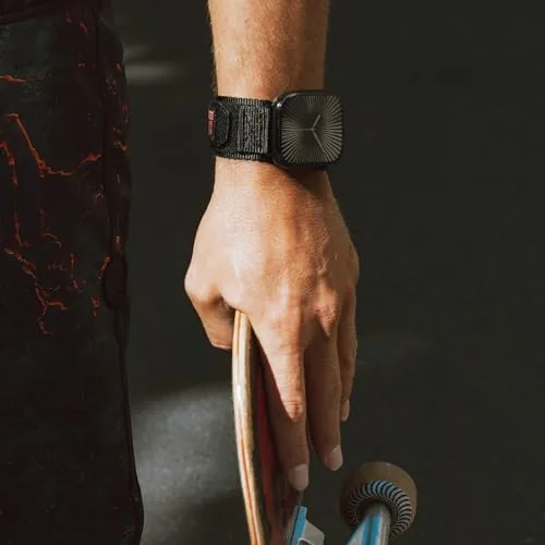 The rugged nylon band attached to an Apple Watch showing the lug connection detail