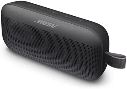 Front view of the Bose SoundLink Flex waterproof speaker in black standing on a table