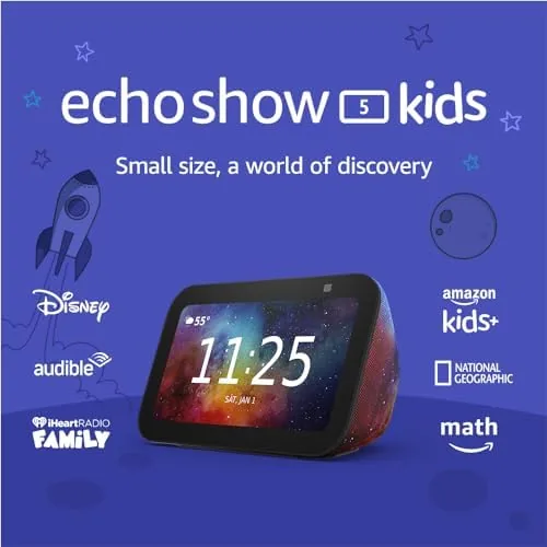 Echo Show 5 Kids Galaxy on a child desk with toys nearby