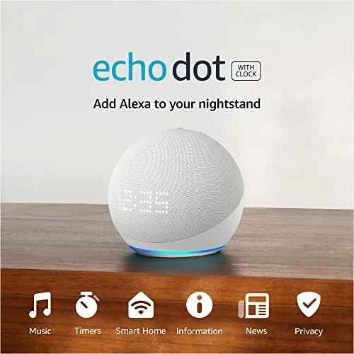 Amazon Echo Dot 5th Gen with clock showing the time on a bedside table