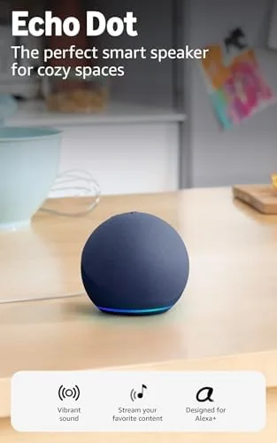 Newest Amazon Echo Dot in Deep Sea Blue sitting on an office desk