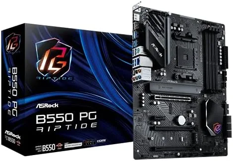 A complete PC build with the ASRock B550 PG Riptide inside a mid tower case