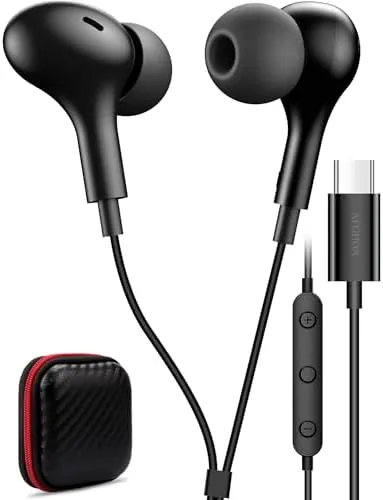 USB C wired earbuds with a braided cable laid on a desk