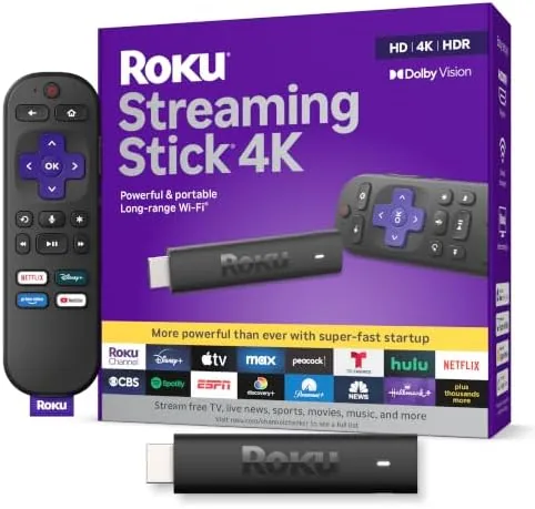 Front view of the Roku Streaming Stick 4K and its voice remote