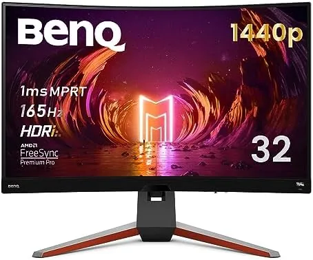 BenQ MOBIUZ EX3210R curved monitor on a gaming desk showing the aggressive curvature
