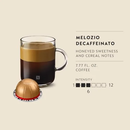 Melozio Decaffeinato brewing into a mug in a Vertuo machine