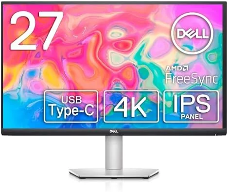 Dell S2722QC 4K monitor on a clean desk with a single USB-C cable running to a laptop