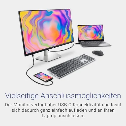 Tidy single cable workspace with the S2722QC and a closed laptop