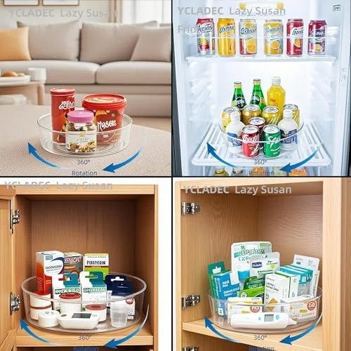Bathroom vanity turntable with skincare bottles and a jewelry holder rotating