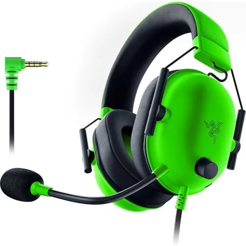 Razer BlackShark V2 X gaming headset in green on a desk