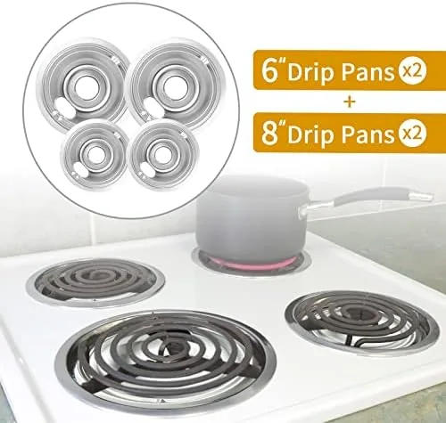 Chrome drip pan seated under an electric burner coil on a GE stove
