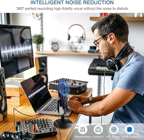 The USB Condenser Microphone Kit with Desktop Stand and Phone Adapters in real use