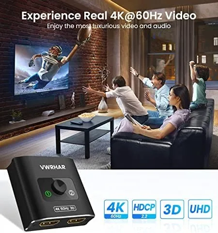 Another view of the HDMI Switch Splitter 4K@60hz, Aluminum HDMI 2.0 Switcher 2 in