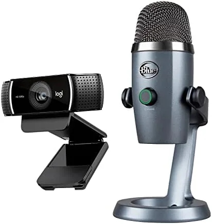 Logitech C922x webcam clamped to a monitor above the Blue Yeti Nano microphone