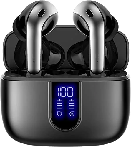 Front view of the TAGRY X08 earbuds with their charging case