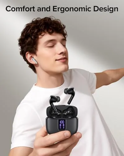 Close-up of the TAGRY X08 earbuds showing the touch surfaces and LED power display case