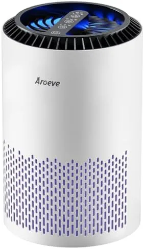 AROEVE MK01A air purifier in white standing on a bedroom nightstand