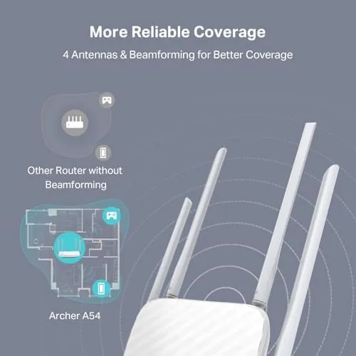Archer A54 router placed on a TV stand with streaming devices nearby