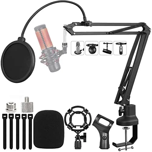 Heavy Duty Adjustable Boom Arm Microphone Stand | Includes pop filter, mic mounts and Review: Tested and Rated