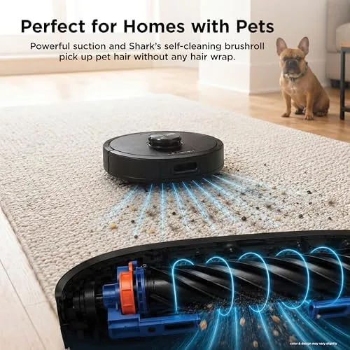 Shark AV2501S robot vacuum cleaning around a dog bed with visible pet hair