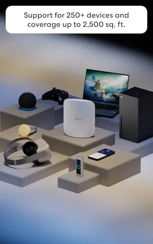 eero Max 7 installed on a shelf in a living room with devices connected