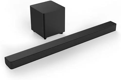 VIZIO V-Series 2.1 sound bar on a media console in front of a television