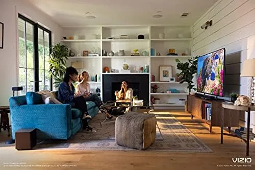 Wireless subwoofer positioned in the corner of a living room
