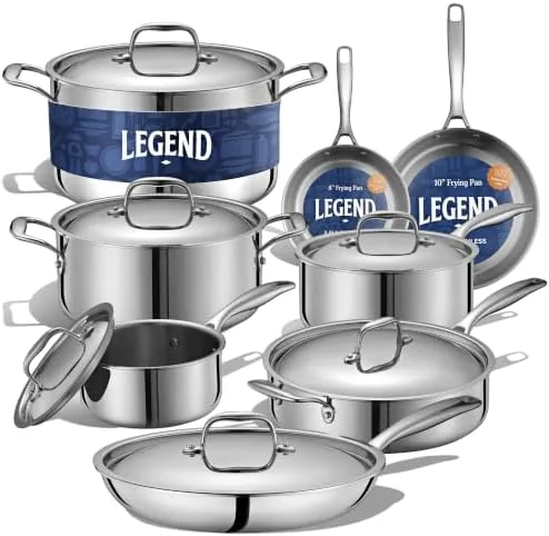 LEGEND 5-Ply stainless steel cookware set arranged on a kitchen counter