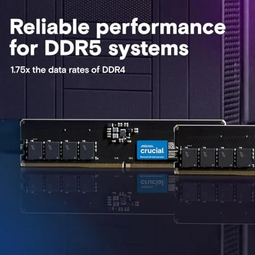 Crucial DDR5 stick installed in a motherboard DIMM slot