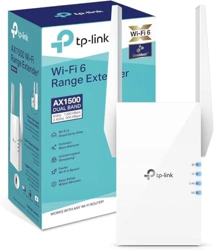 TP-Link RE505X extender plugged into a wall outlet with antennas raised