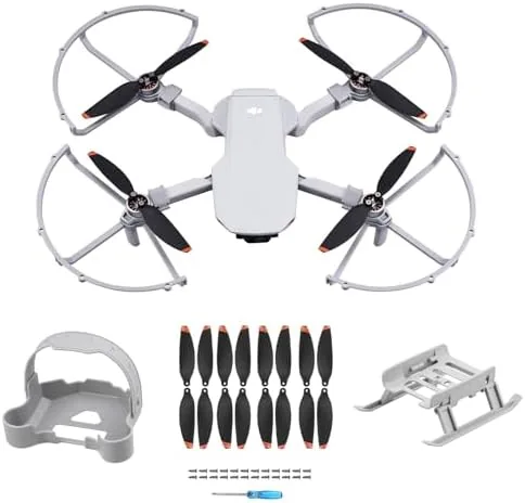 HeiyRC 4-in-1 accessory bundle laid out with propellers, guard, and landing gear