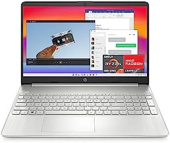 HP 15.6-inch laptop with lid open on a bright desk