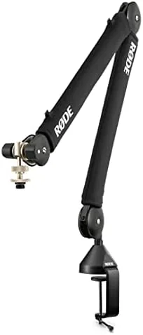 RØDE PSA1+ studio arm mounted on a desk holding a microphone