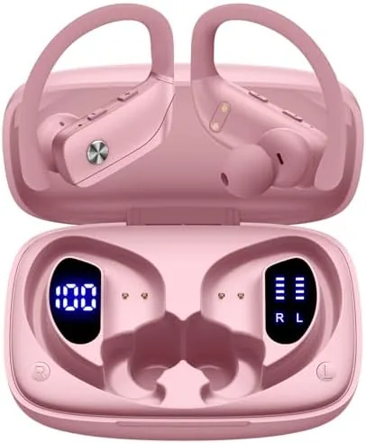 bmani wireless earbuds in pink with their charging case