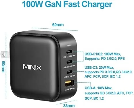 Close look at the MINIX P3 100W Turbo 4-Port GaN Travel Wall Charger USB build quality