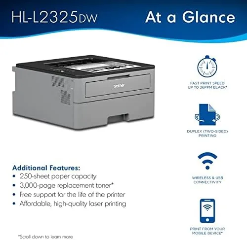 Printed pages emerging from the Brother HL-L2325DW output tray