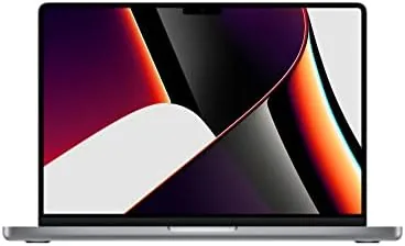 2021 MacBook Pro 14 in Space Gray with its lid open on a desk