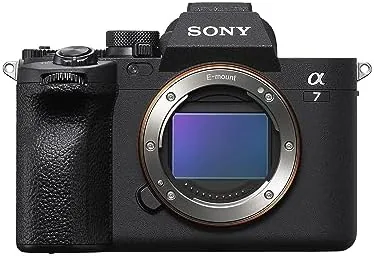 The Sony Alpha 7 IV with a prime lens, viewed from the front