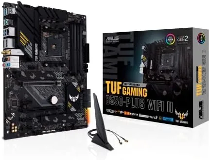 The ASUS TUF Gaming B550-PLUS WiFi II board laid flat showing the black PCB and heatsinks