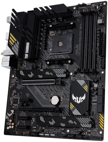 Close up of the ASUS TUF B550 VRM heatsinks and the reinforced PCIe slot
