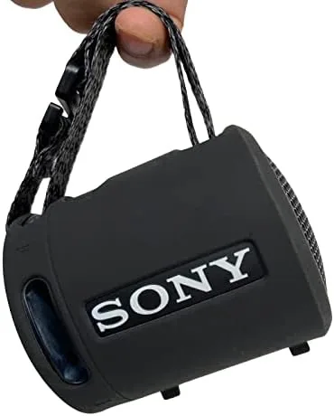 The Sony speaker with the cover installed showing the open grill and strap area