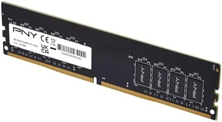 The PNY DDR4 8GB module with its black aluminum heatsink on a desk