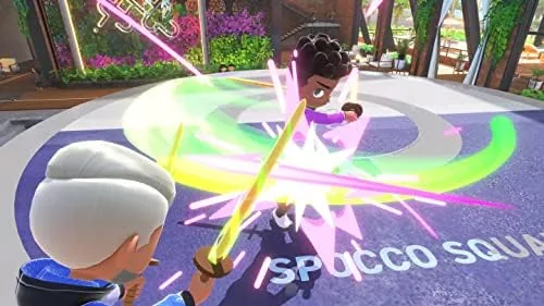 A chambara sword duel between two characters