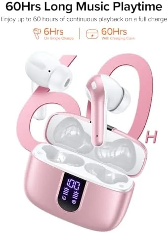 Detail shot of the TAGRY Bluetooth Headphones True Wireless Earbuds 60H Playback LED Power features